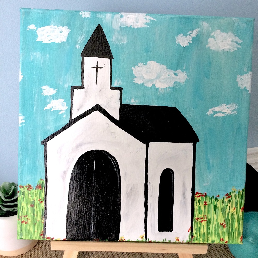 ⛪️ original art work/Faith Country Church Acrylic Painting Christian Easter